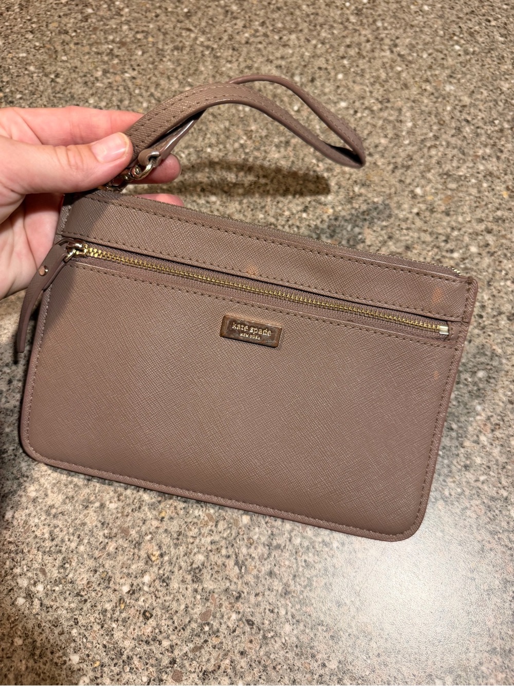 kate spade Taupe Saffiano Wristlet Clutch with Gold Hardware